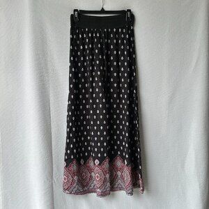 Black Mixed Print Maxi Skirt Elastic Waist Band
